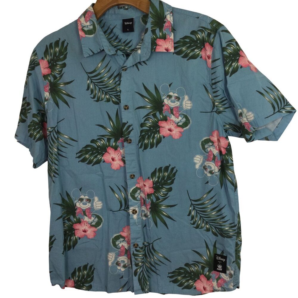 Neff Disney Mens Mickey Mouse Floral Button Front Hawaiian Shirt Blue Size Large